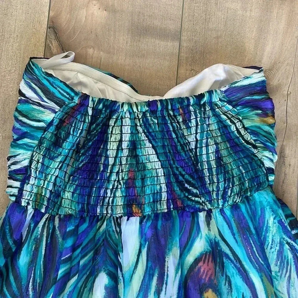 2B Bebe Strapless Sweetheart Peacock Hi-Lo Dress Sz S - Picture 7 of 10